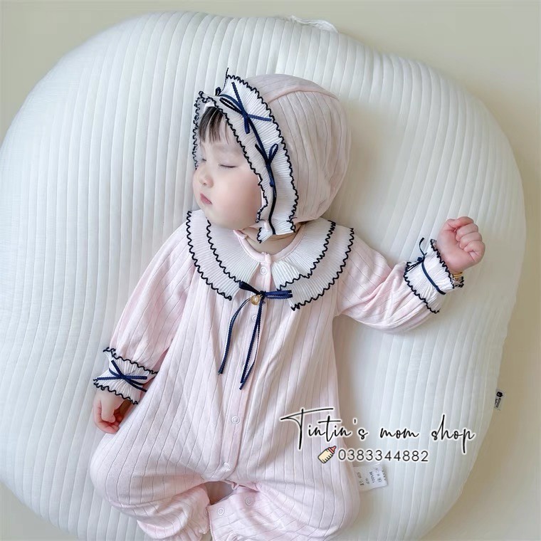 Sét body tiểu thư cao cấp đầy tháng/ thôi nôi MOMOIDEA cổ bèo xanh kèm mũ cho bé gái