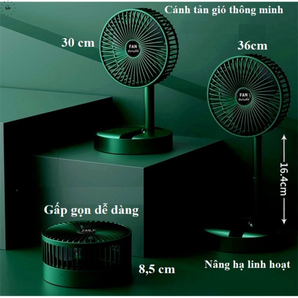 Quạt tích điện để bàn mini Super gấp gọn 3 cấp độ gió siêu bền, cáp sạc USB tiện lợi MINPRO
