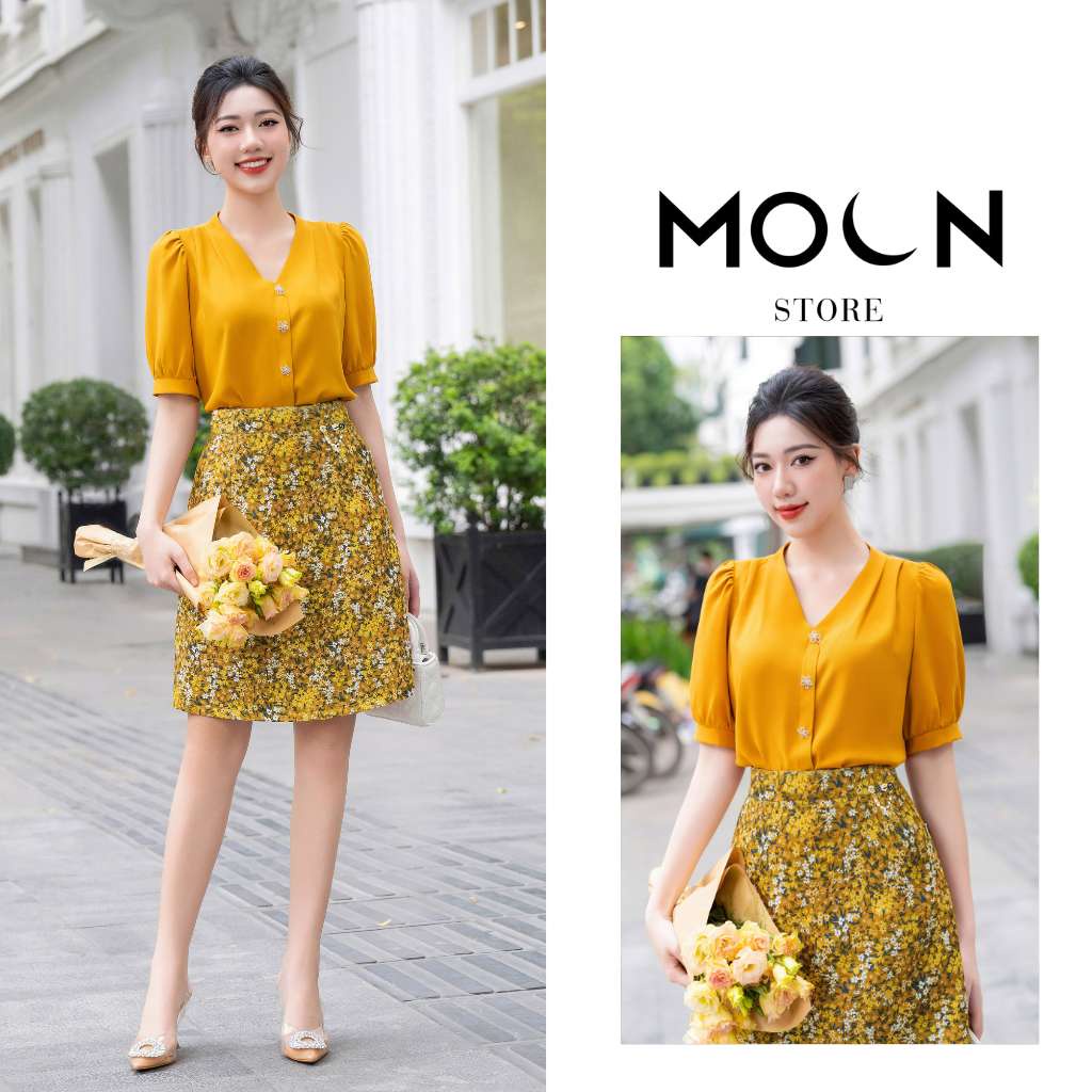 Áo sơ mi chân váy công sở, áo Mongtoghi dáng ngắn mix chân váy gấm hoa basic TBA380-TBCV443 Moon