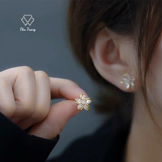 Bông tai hình lá năm cánh khảm đá đơn giản phong cách hàn quốc, Khuyên tai bạc 925