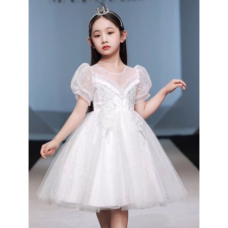 Váy Đầm công chúa ren trắng voan tơ thêu hoa đính ngọc cao cấp cho bé gái 8kg đến 40kg