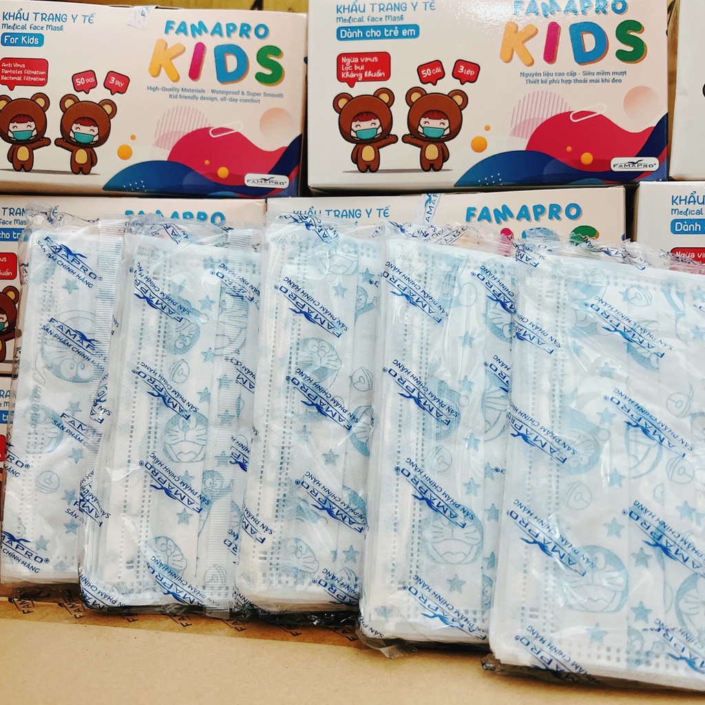 Khẩu trang y tế cho bé Famapro, khẩu trang y tế kháng khuẩn hộp 50 cái giúp bảo vệ bé