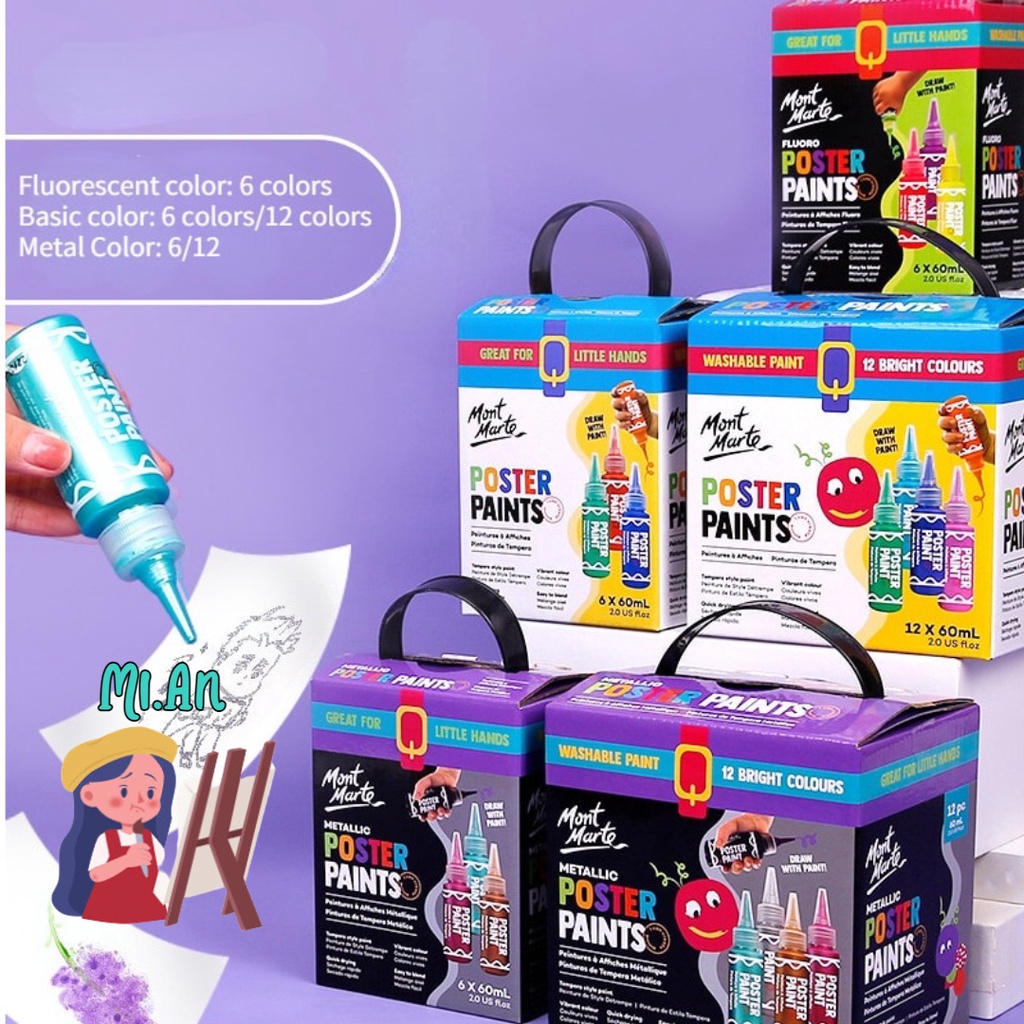 [ Hỏa Tốc HCM ] Bộ Màu Poster Mont Marte 60ml x 6 màu , 12 màu , 24 màu - màu cho trẻ , Học sinh