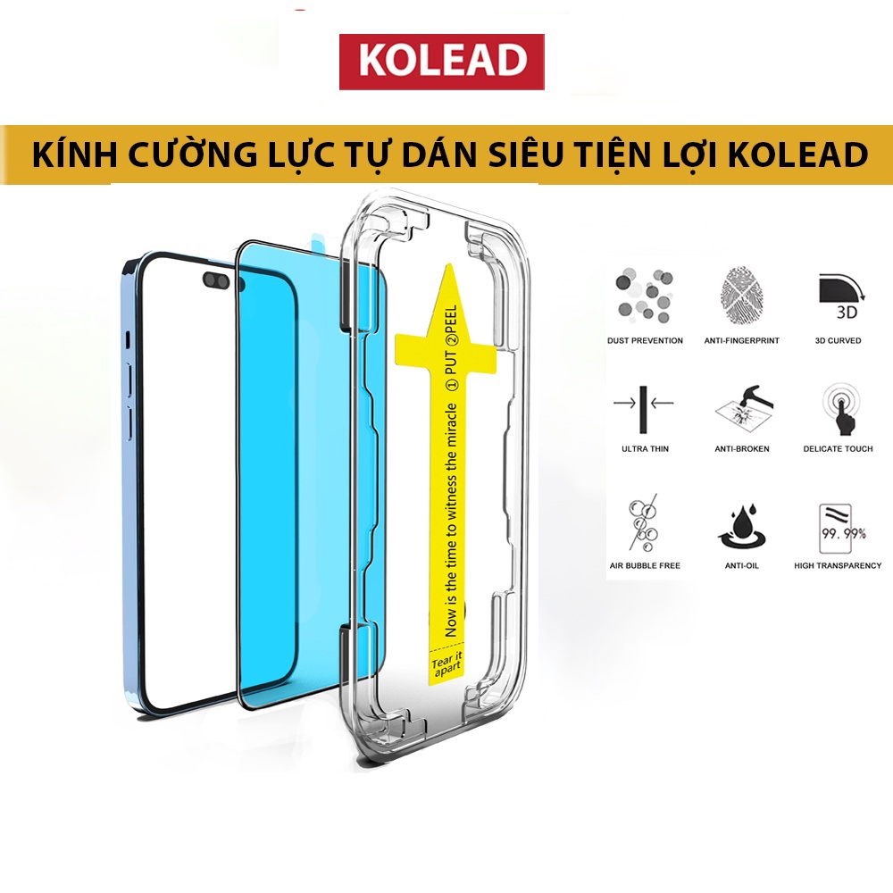 Kính cường lực iPh khung tự dán, độ cứng 9H dán full màn hình KOLEAD TC chống xước không cấn, chống bụi