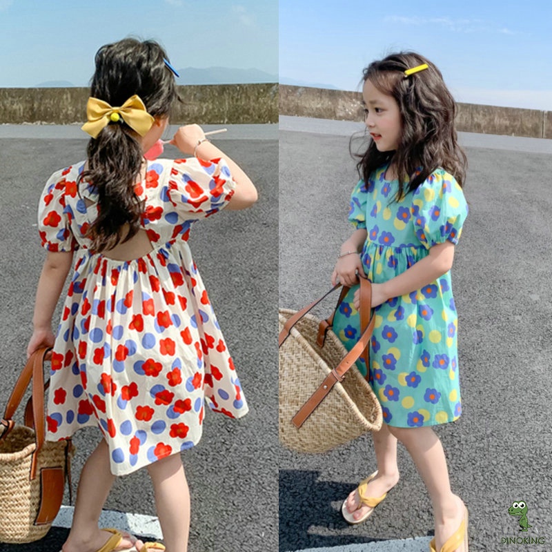 Váy hoa cho bé gái DINOKING Váy bé gái mùa hè dáng xòe hở lưng thoáng mát Đầm công chúa trẻ em 2 - 8 tuổi VA23