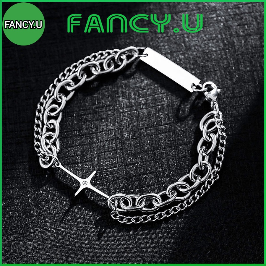 Lắc Tay Vòng Tay UNISEX Nam Nữ 2 Lớp Dấu + Đính Đá Dây Xích To Bản Cá Tính Thời Trang Basic Dễ Ứng Dụng Màu Bạc VT-53
