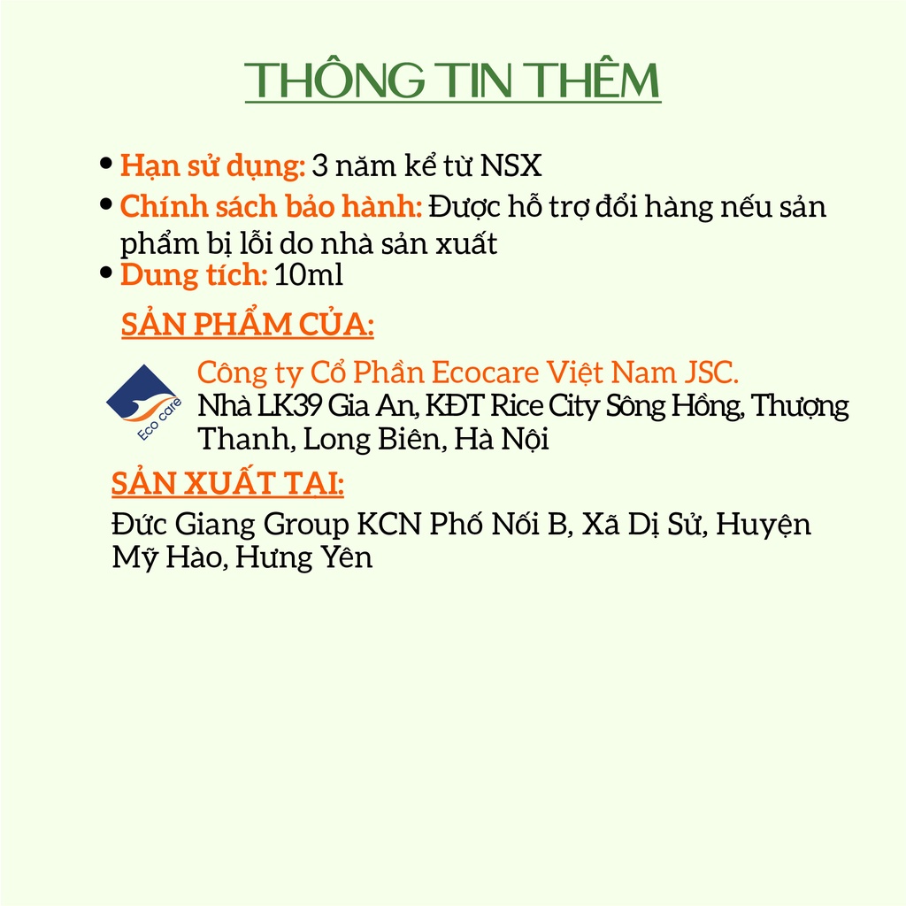 Tinh Dầu Thiên Nhiên Nguyên Chất Có Kiểm Định ECOCARE 10ml, Đuổi Muỗi Đuổi Côn Trùng, Khử Mùi, Làm Thơm Phòng Hiệu Quả