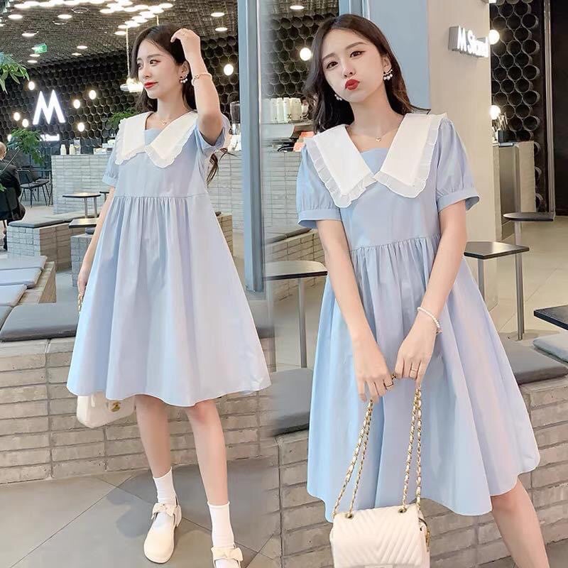 (Đủ size từ 45-100kg)Váy bầu Bigsize dáng xoè,màu xanh phối cổ sơ mi,váy có dây buộc sau,đủ size từ 45-100kg