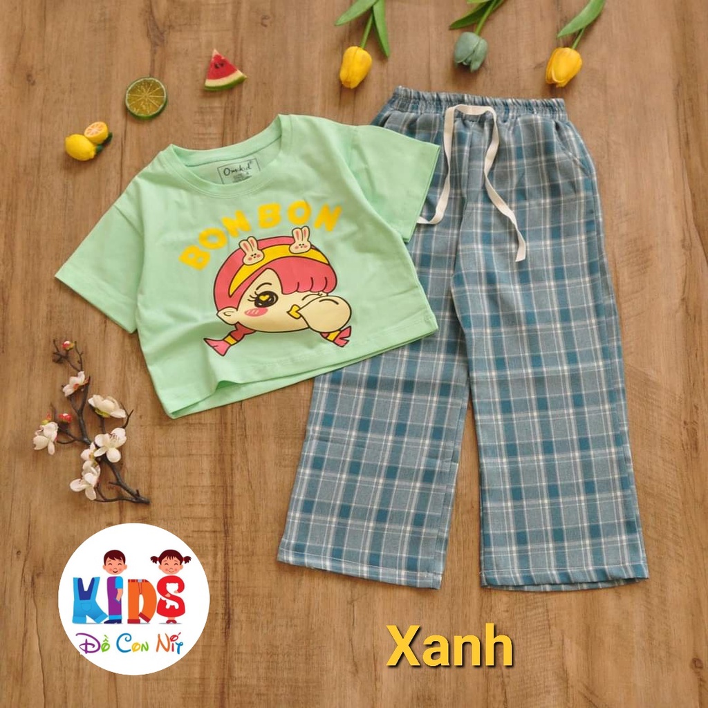 (13-25 ký) Set áo thun quần caro suông chất cotton siêu dễ thương cho bé gái - Đồ bộ trẻ em