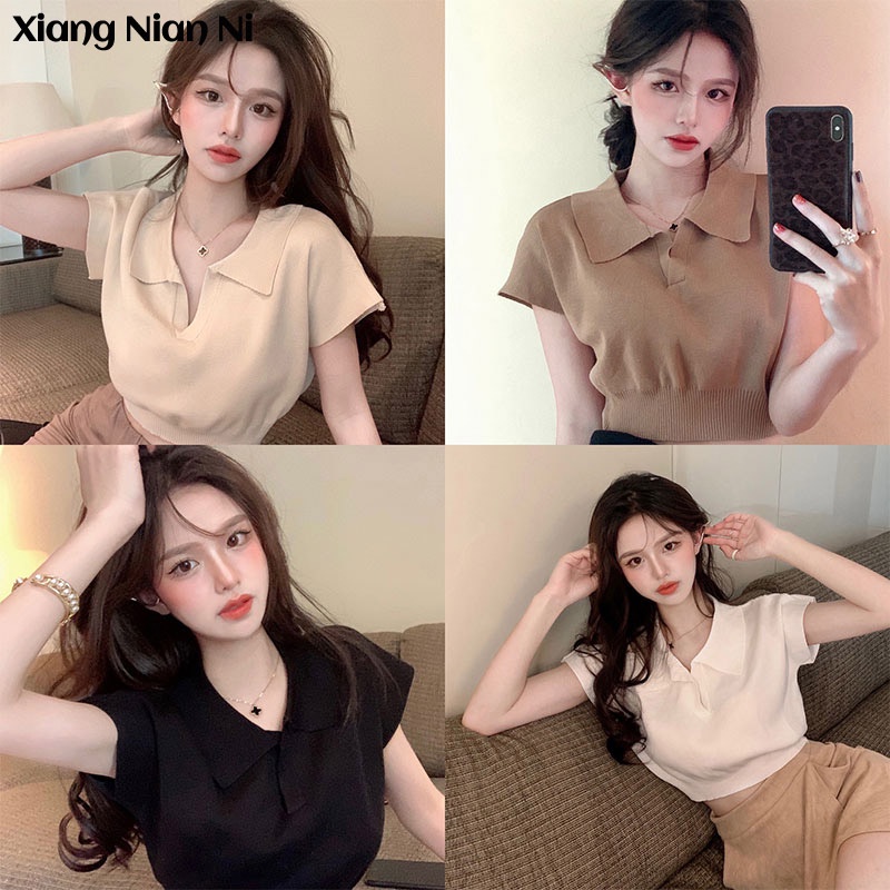 Áo thun Xiang Nian Ni dệt kim dáng ôm hở rốn thiết kế đơn giản cho nữ