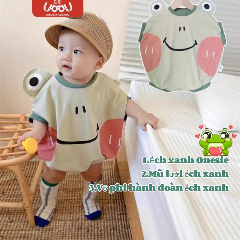Sun baby Bộ Áo Liền Quần / Mũ Thuyền Vải cotton In Hình Ếch Hoạt Hình Dễ Thương Thời Trang Mùa Hè Cho Bé 0-2 Tuổi