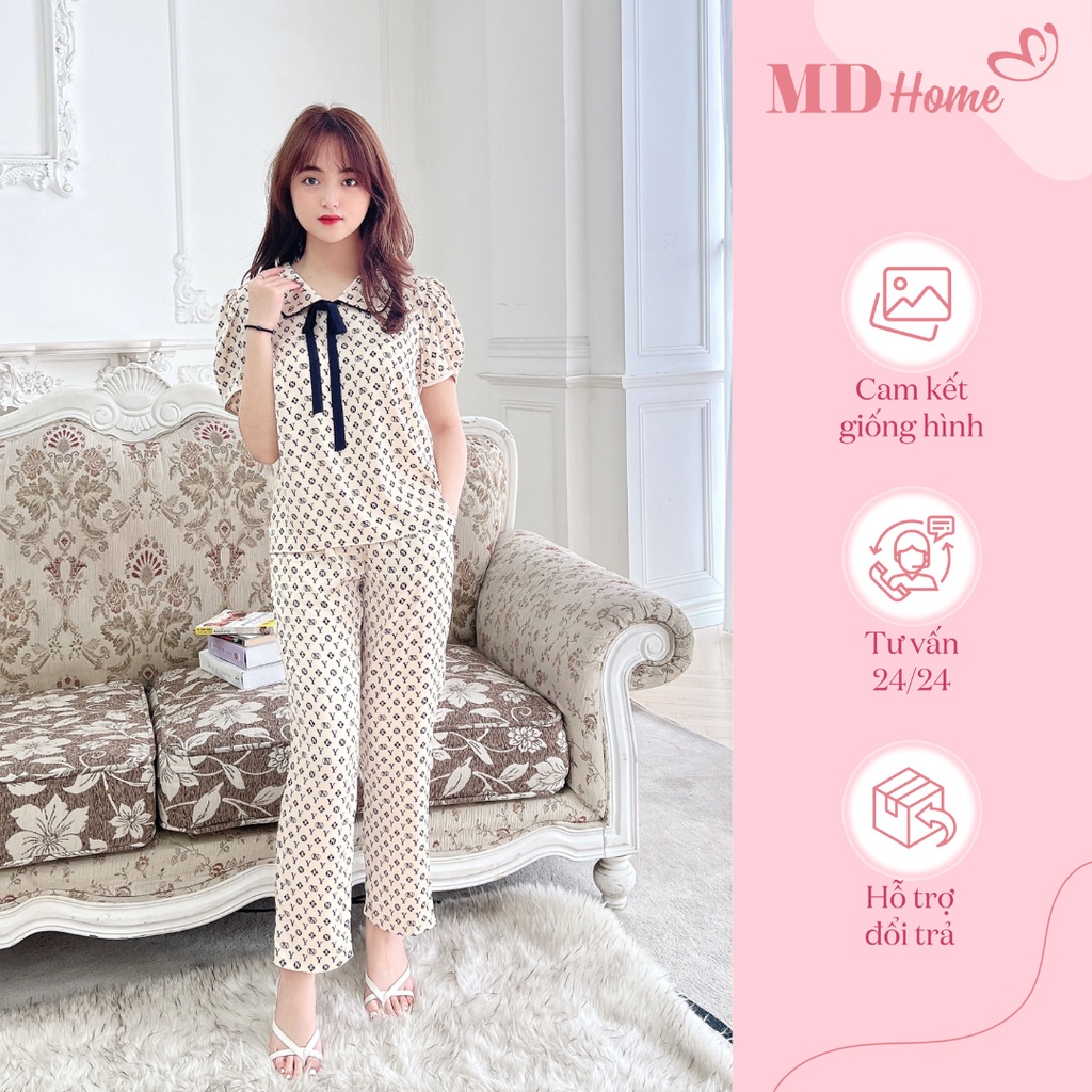 Bộ ngủ cộc tay quần dài cổ sen nơ lụa latin mát không nhăn 329 - MD Home