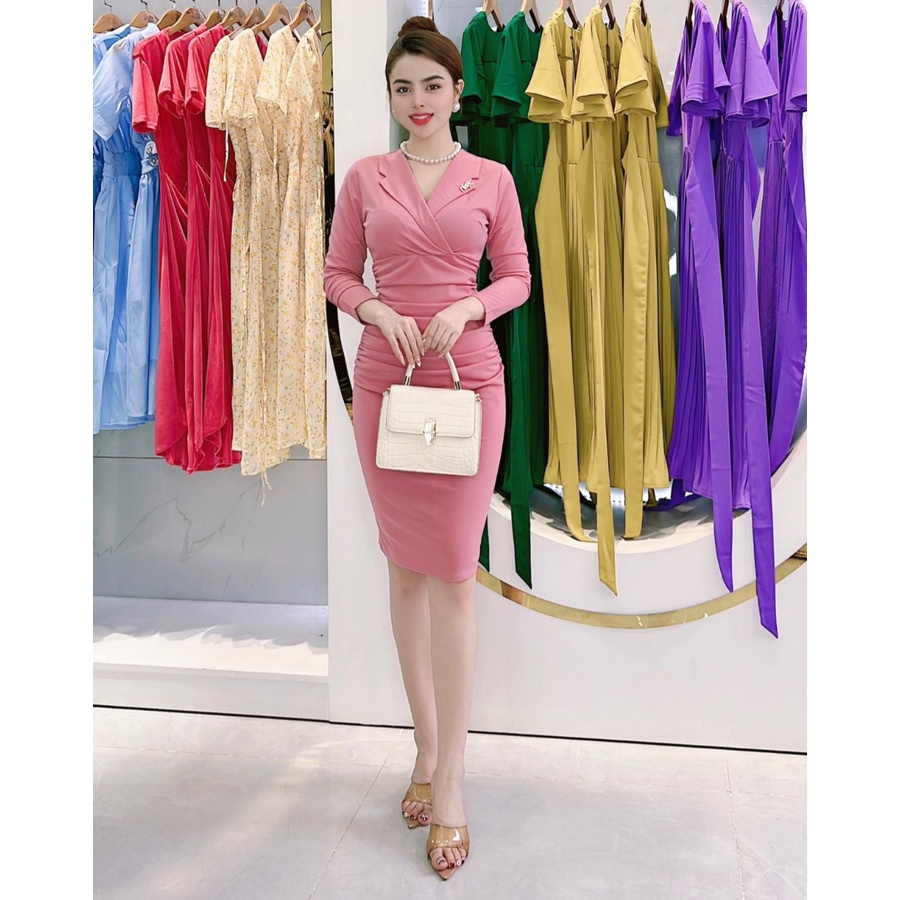 Đầm body cổ Vest tay dài nhún eo Phong Cách SAIGON