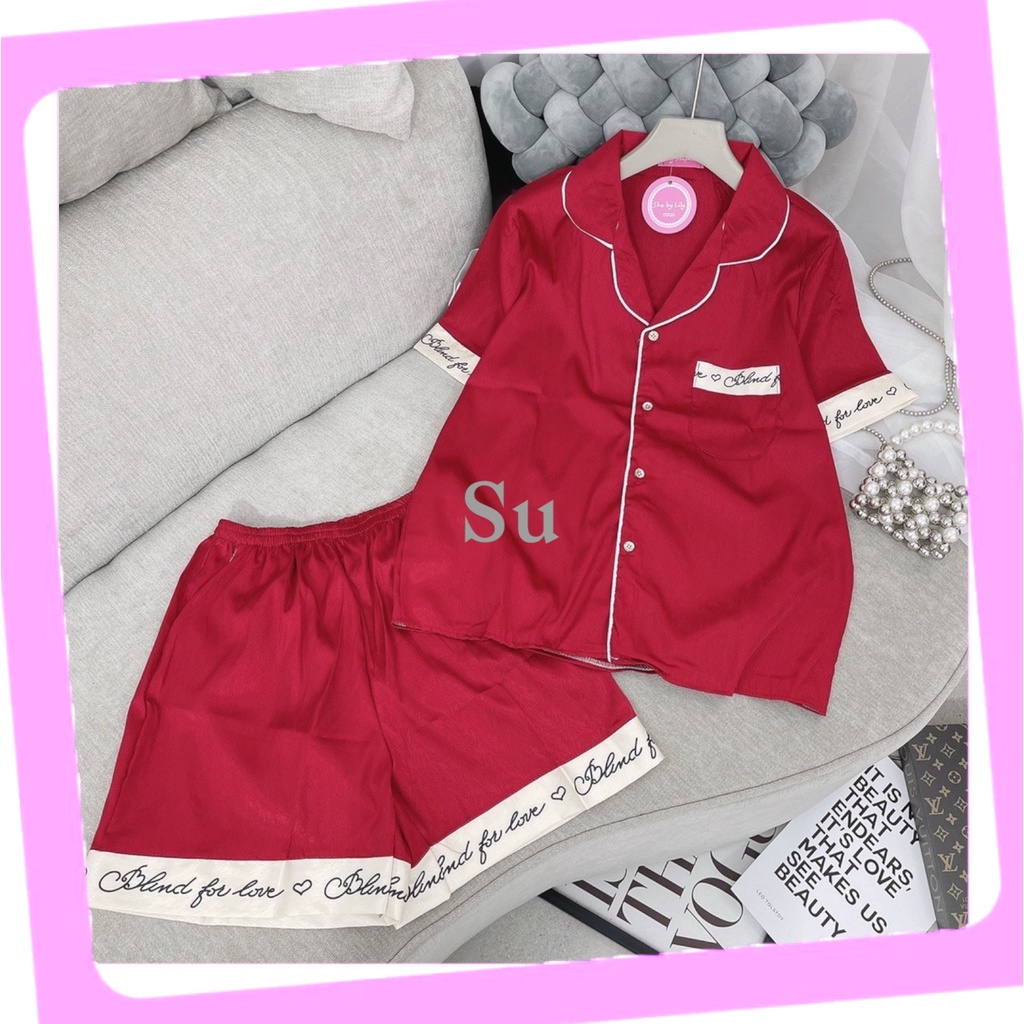 Bộ mặc nhà nữ mùa hè, Bộ ngủ Pijama nữ cộc tay quần đùi, gấu phối chữ sang chảnh, chất lụa latin cao cấp [Su51]