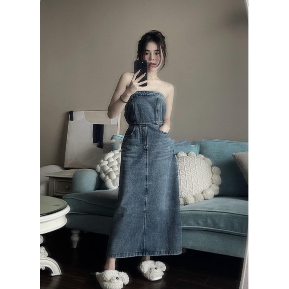 Váy Jean Cup Ngực Chun Eo