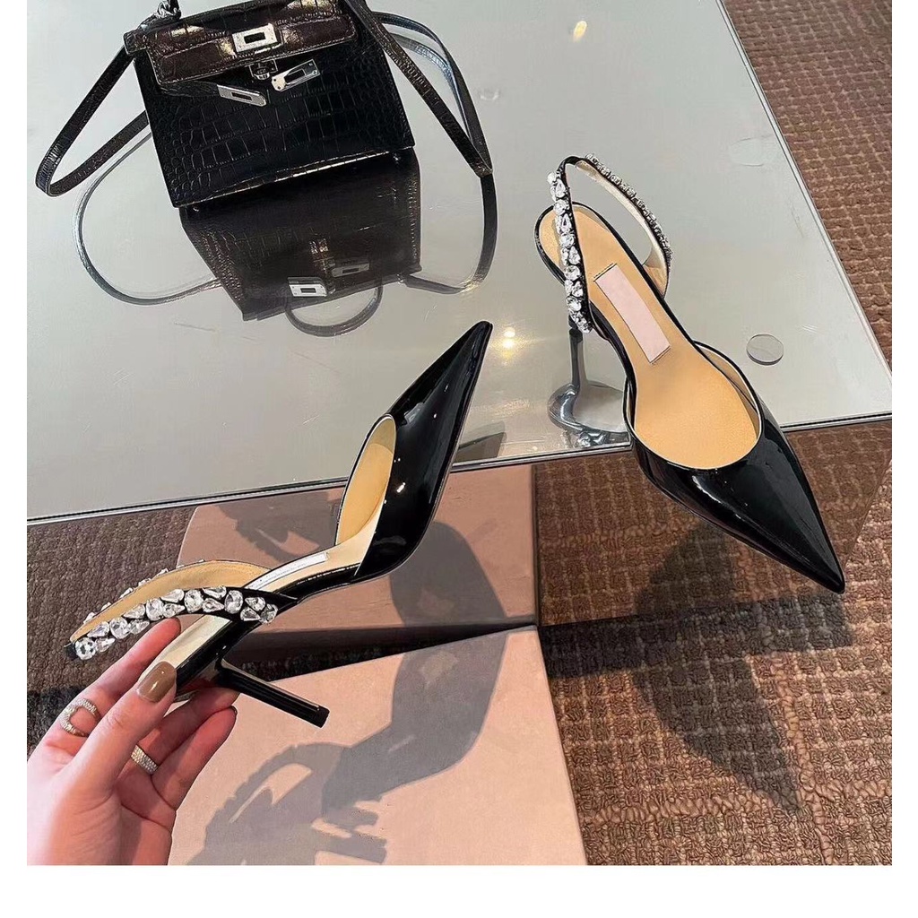 Giày cao gót mũi nhọn đính đá màu trắng thời trang xuân hè pháp 2022 cho nữ