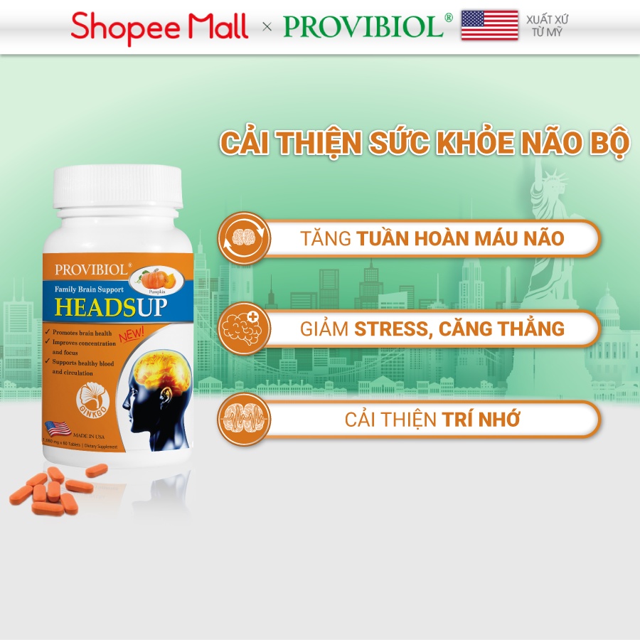 Bổ não giảm stress ginkgo biloba Provibiol Heads Up 60 viên