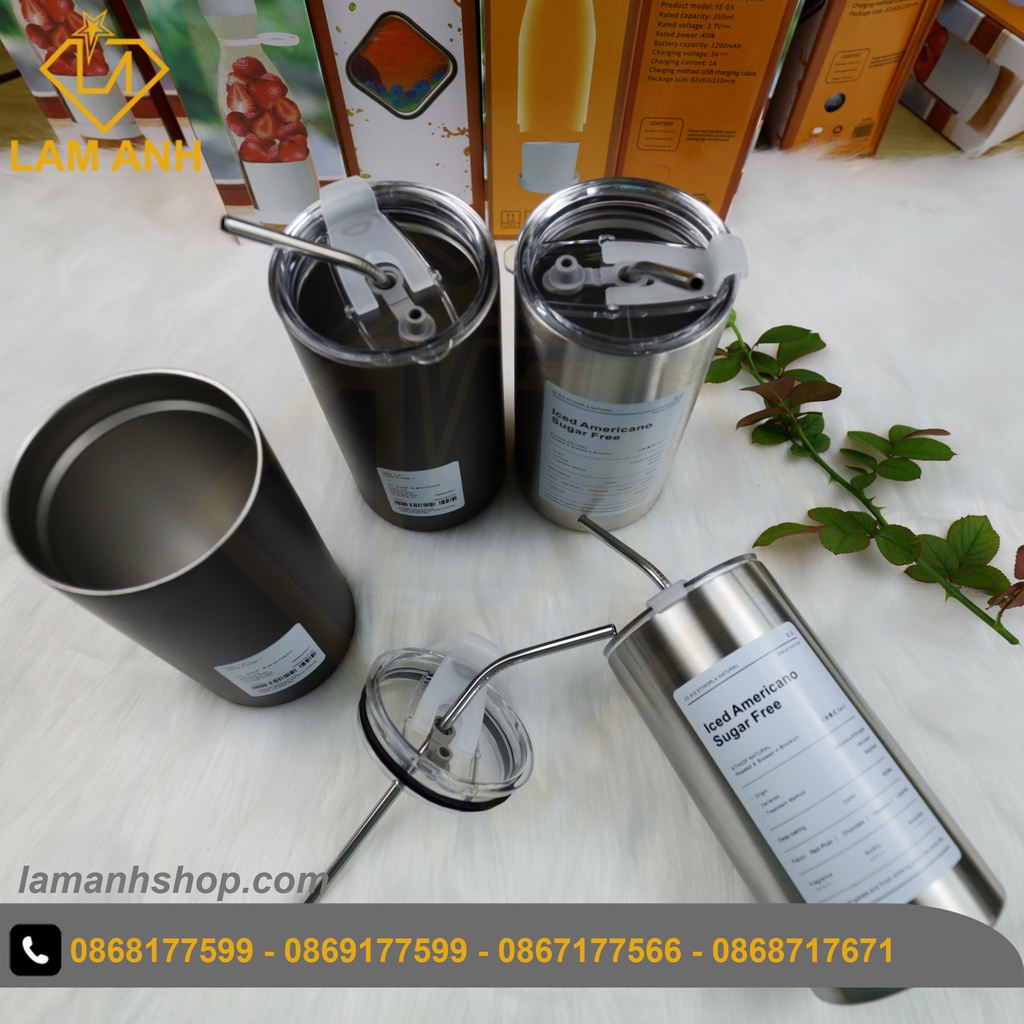 Bình giữ nhiệt Americano 600ml kèm ống hút, chất liệu inox 304 cao cấp, kiểu dáng sang chảnh