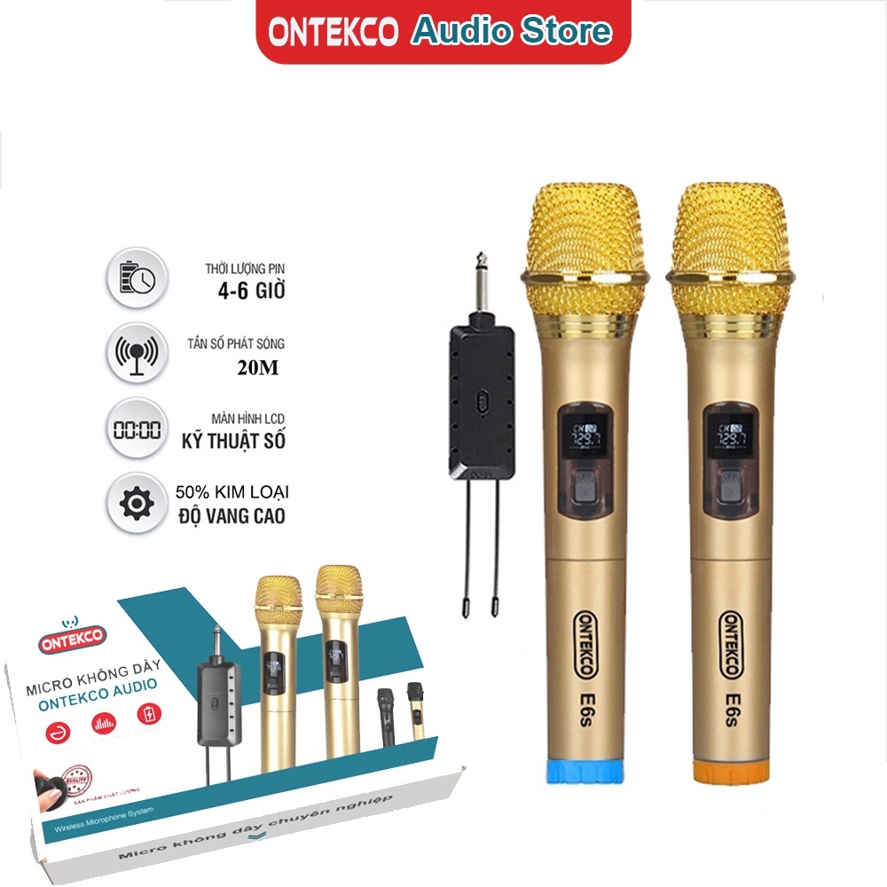 Bộ Míc Không Dây ONTEKCO E6s hát karaoke Cho Mọi Loa Kéo, Âm Ly, đầu míc bằng thép cao cấp, Bảo Hành 12 Tháng.