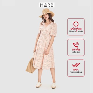Đầm nữ MARC FASHION midi họa tiết hoa cổ V FAVH043421