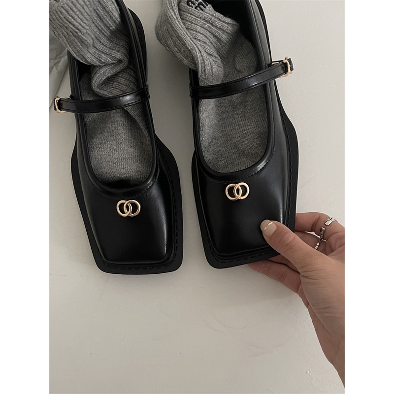 Giày Búp Bê Da Cao Cấp Mũi Vuông Miệng Nông Kiểu Retro Pháp Thời Trang 2023 Cho Nữ