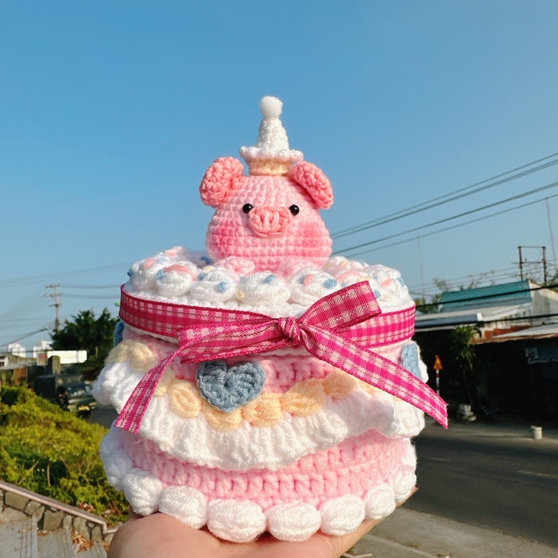 Bánh gato bằng len có thể mở nắp đựng mĩ phẩm, bánh kẹo