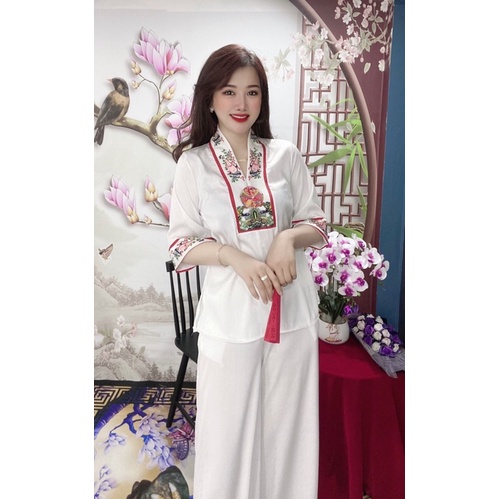 Sét bộ lam pháp phục tay lỡ viền hoa văn dễ thương - free size dưới 54kg
