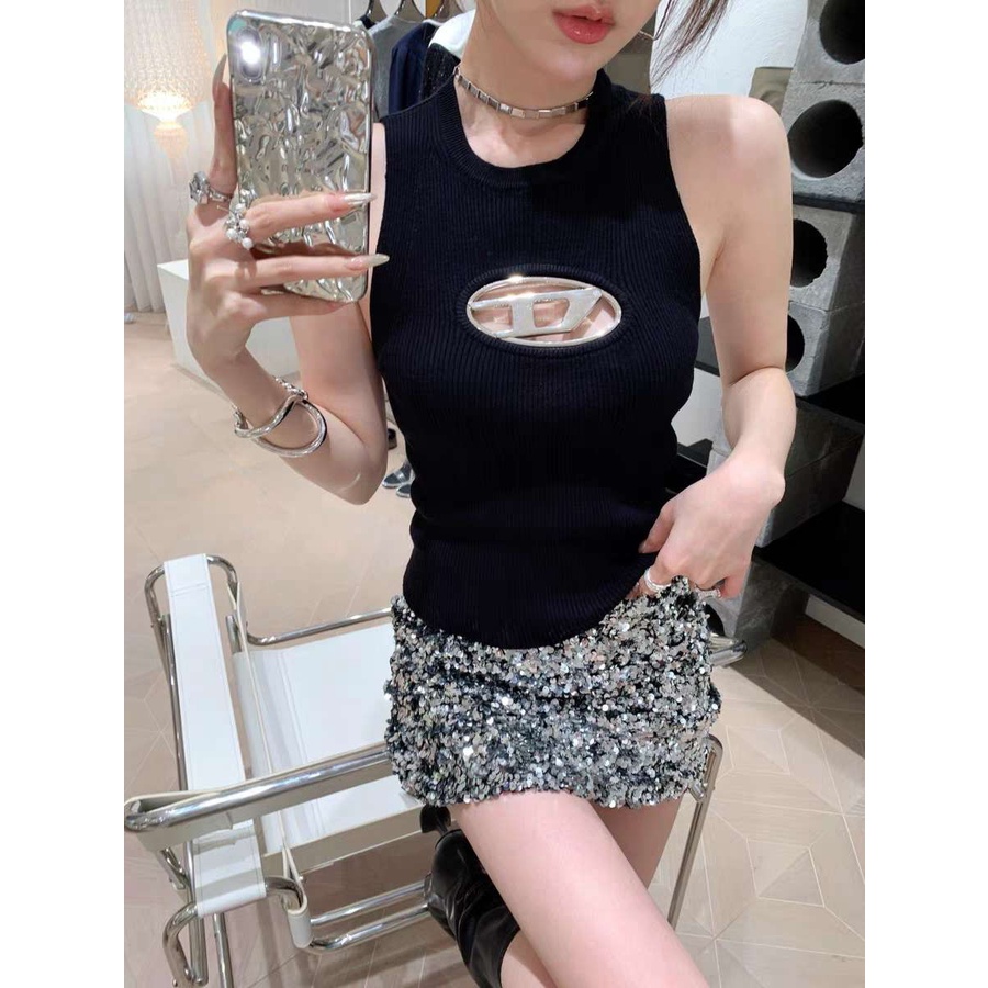 QADCOL Áo Dệt Kim Hai Dây Dáng Ngắn Ôm Sát Quyến Rũ Cho Nữ