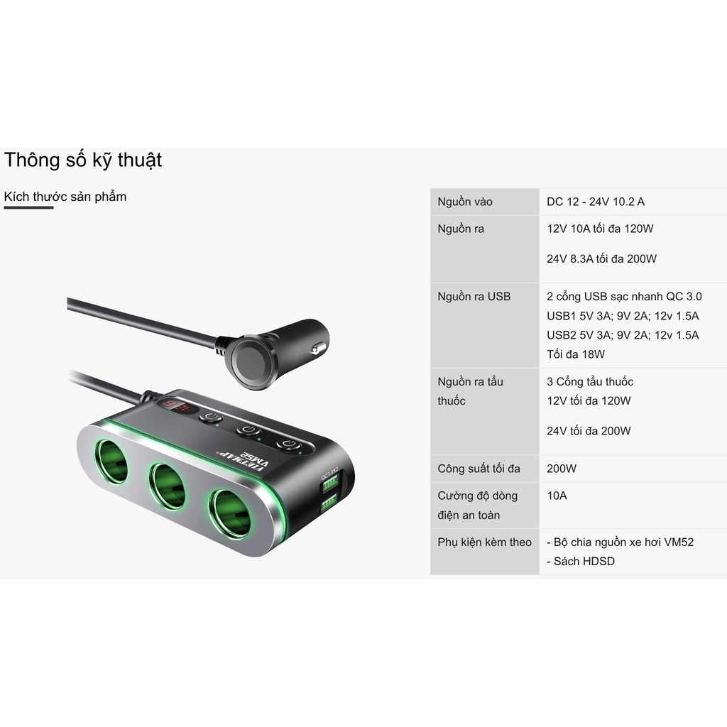 VIETMAP VM52 - Bộ chia sạc ô tô đa năng - Sạc nhanh Quick Charge QC 3.0 - Hàng chính hãng