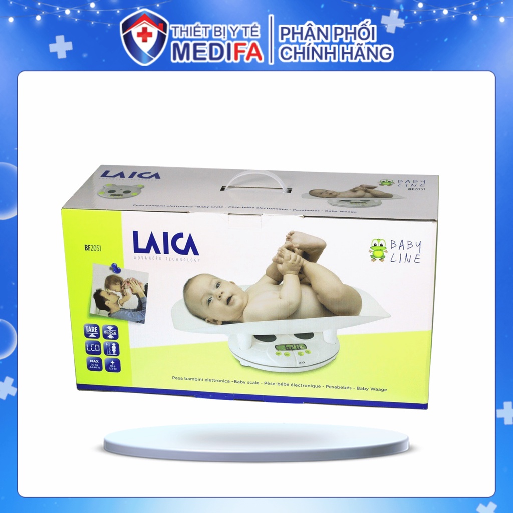 Cân trẻ sơ sinh điện tử Laica BF20510/BF2051 tính trọng lượng trung bình khi trẻ cử động kết hợp đo chiều cao trẻ em