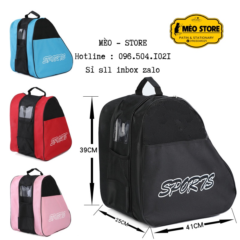 Túi đựng giày patin có 3 ngăn: ĐỰNG GIÀY PATIN + BẢO HỘ CHÂN TAY + MŨ PATIN và các đồ dùng cá nhân khác