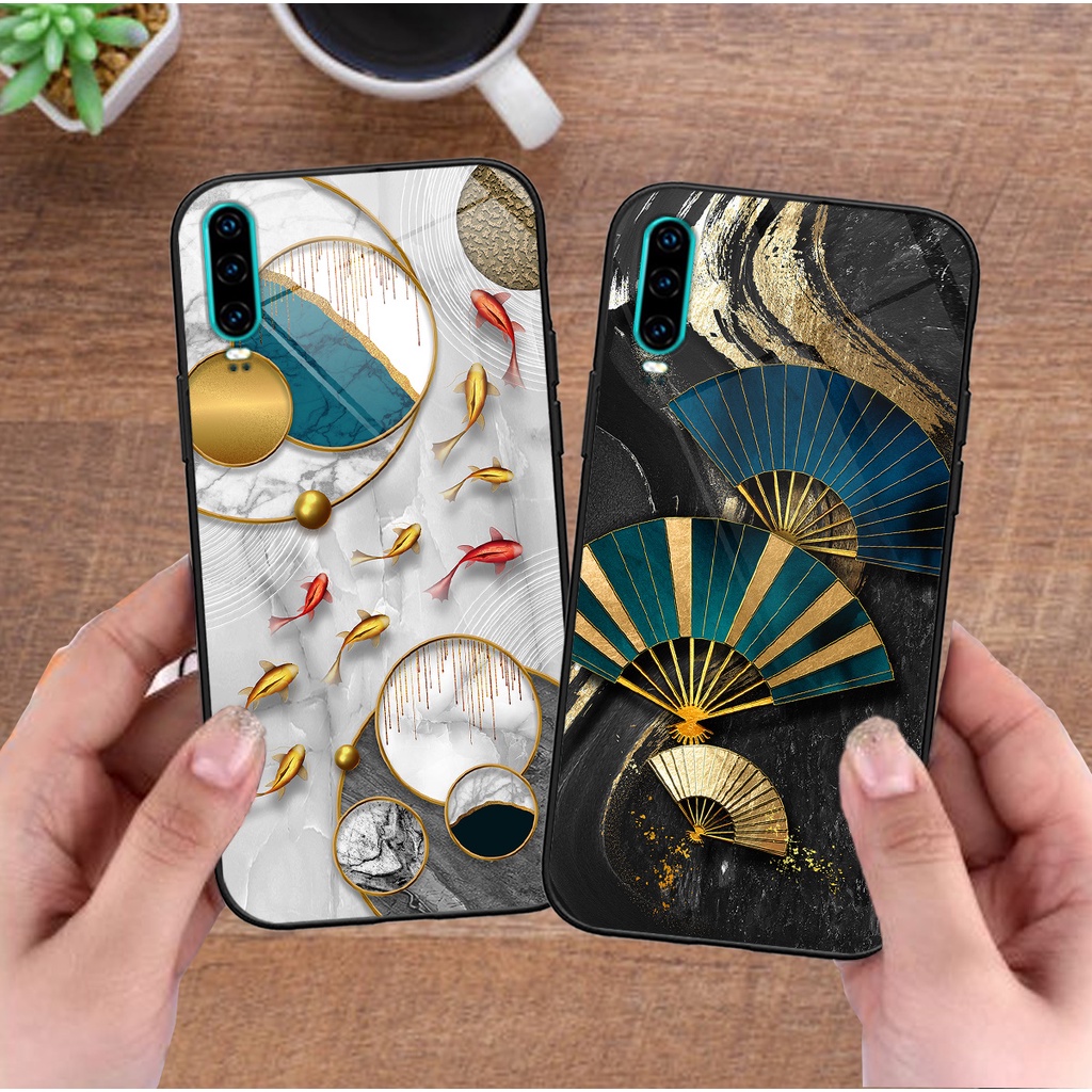 Ốp lưng kính cường lực Huawei P30 / P30 Pro bộ hình 3D nghệ thuật mạ vàng sang trọng