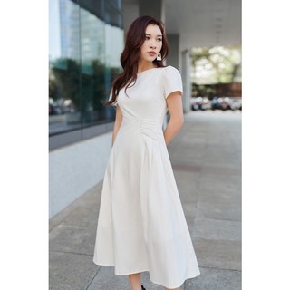 Đầm midi nhấn xếp 1 bênGAGO Brand eo tay ngắn thời trang màu trắng kem GG4298