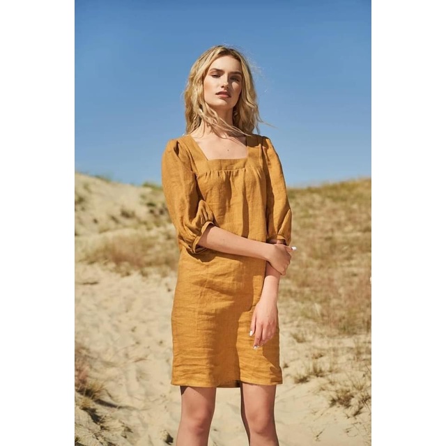 (TỔNG KHO LÂM ANH CHUYÊN SỈ) Đầm suông nữ cổ vuông tay phồng chất Linen Hàn mềm mát, sang trọng trẻ trung