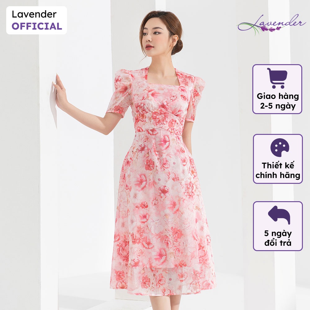 Đầm công sở thiết kế LAVENDER họa tiết hoa hồng cổ hình thang tay ngắn D2779