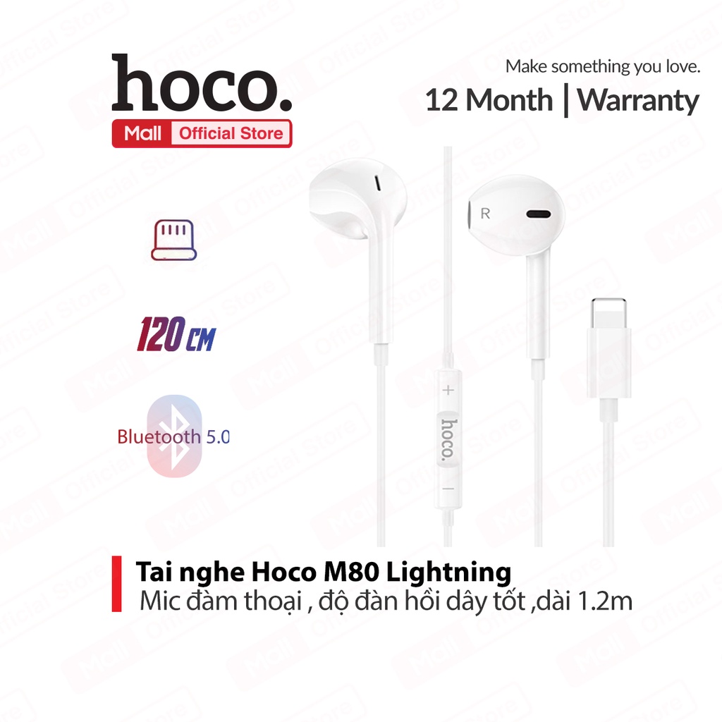 Tai nghe Hoco M80 jack cắm Lightning, âm thanh sống động, có mic đàm thoại, dài 1.2m