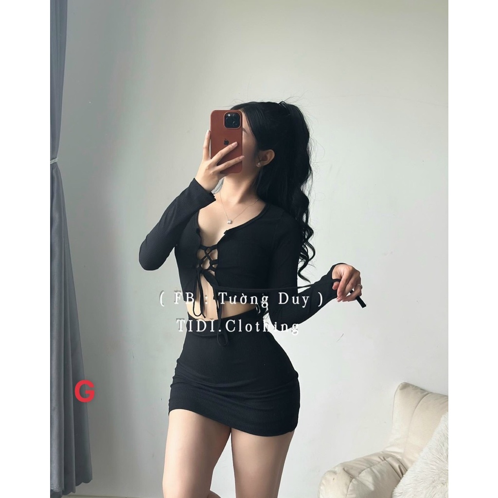 Set bộ nữ áo kiểu tay dài phối dây buộc dáng ngắn mix chân váy ôm body ngắn chất thun gân xinh xắn