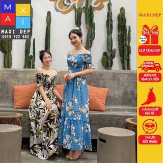 Đầm Maxi Trễ Vai Freesize Hoa Trắng Nền Xanh Biển Thướt Tha Cho Các Nàng