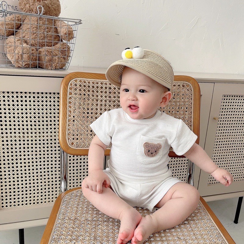 Bộ cộc tay cotton tăm lạnh thêu hình gấu dễ thương cho bé trai bé gái B02