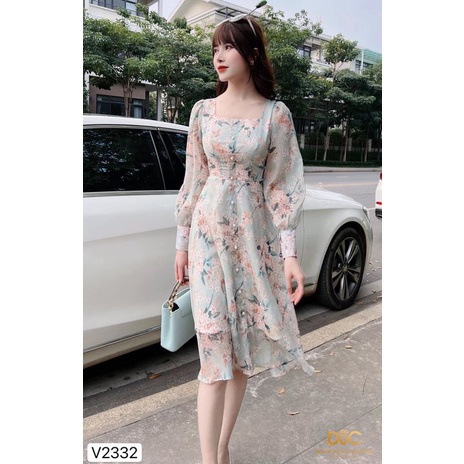 Váy Voan Hoa Nhí Xanh Cổ Vuông Dài Tay - 2332 - CM