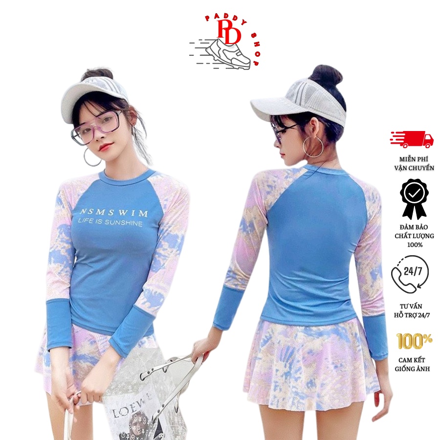Bikini Dài Tay Đồ Bơi Nữ váy Hàn Quốc 2022 Hoa Xanh Hai Mảnh Cạp Cao Quảng Châu PT01