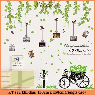 Decal dán tường MIVIDECOR combo tán lá buông và xe đạp