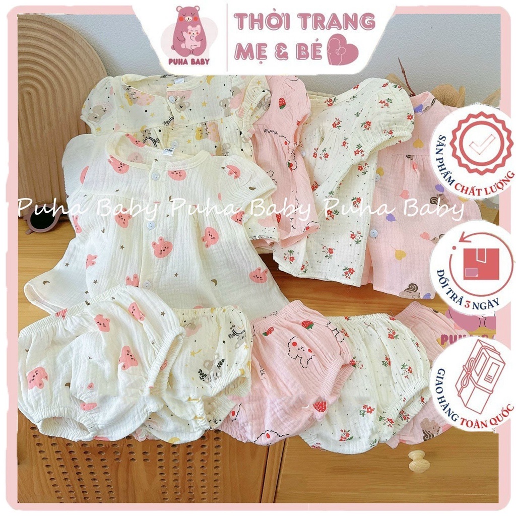 Bộ xô Muslin hoạ tiết xinh xắn cho bé gái⚡Bộ xô Muslin cao cấp⚡Bộ xô muslin mặc nhà cho bé gái⚡Bộ quần áo xô cho bé gái