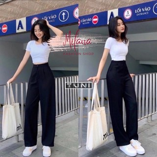 Quần ống rộng, Quần ống rộng nữ khoá trước vải tuyết mưa cao cấp quần dài ống rộng nữ cạp cao siêu hack dáng màu đen
