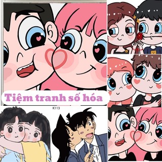 Tranh tô màu số hóa hình cặp đôi - tranh tự tô màu theo số 20x20 đã căng khung kèm màu. cọ - tiệm tranh số hóa
