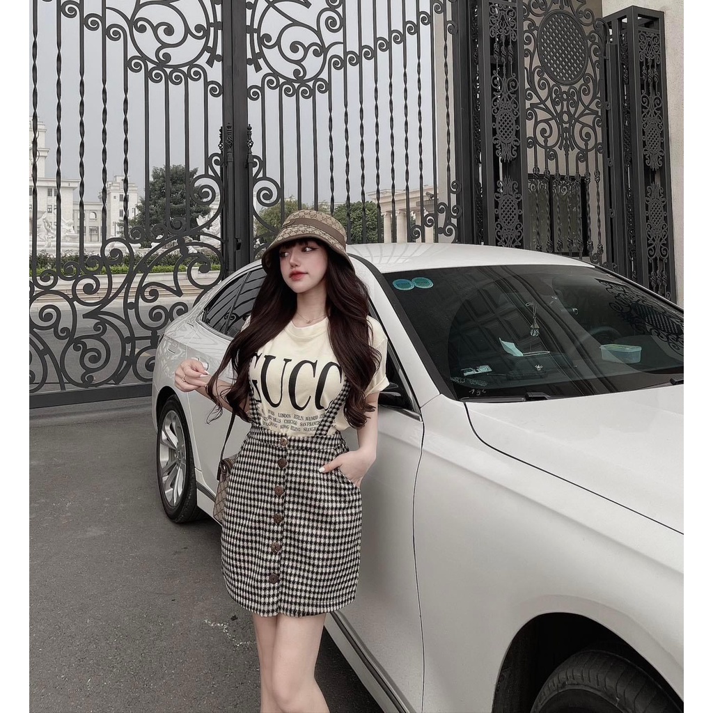 Set Yếm Nữ Áo Phông Nữ Gucci Mix Váy Yếm ZicZac Cúc Dọc Freesize