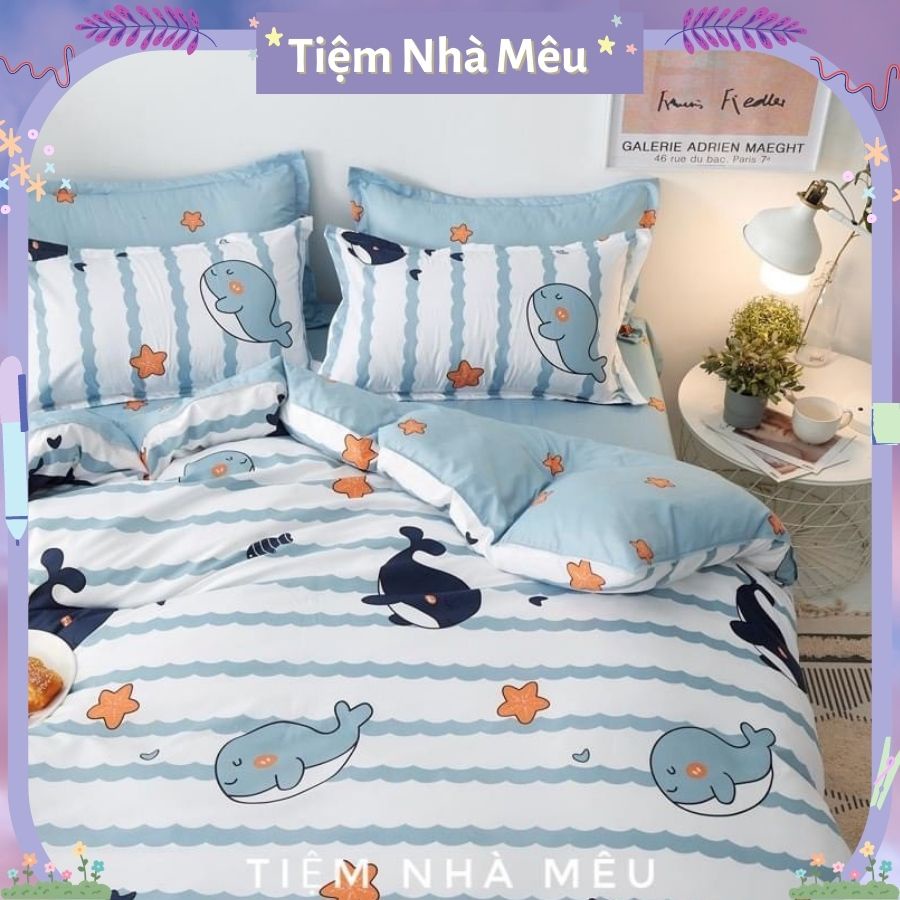 Bộ Chăn Ga Gối Cotton 3D 80% Set 4 Món 2 Vỏ gối ,drap , vỏ chăn Cá Voi Sale Kịch Sàn Tiệm Nhà Mêu