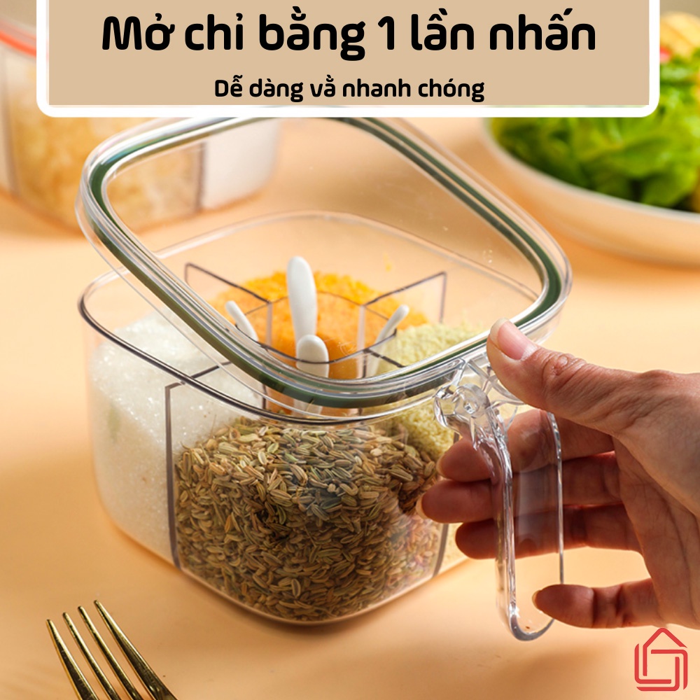 Hộp đựng gia vị 4 ngăn trong suốt kín khí , chống ẩm ướt, Hũ gia vị chia ngăn có nắp đậy kèm thìa tiện lợi