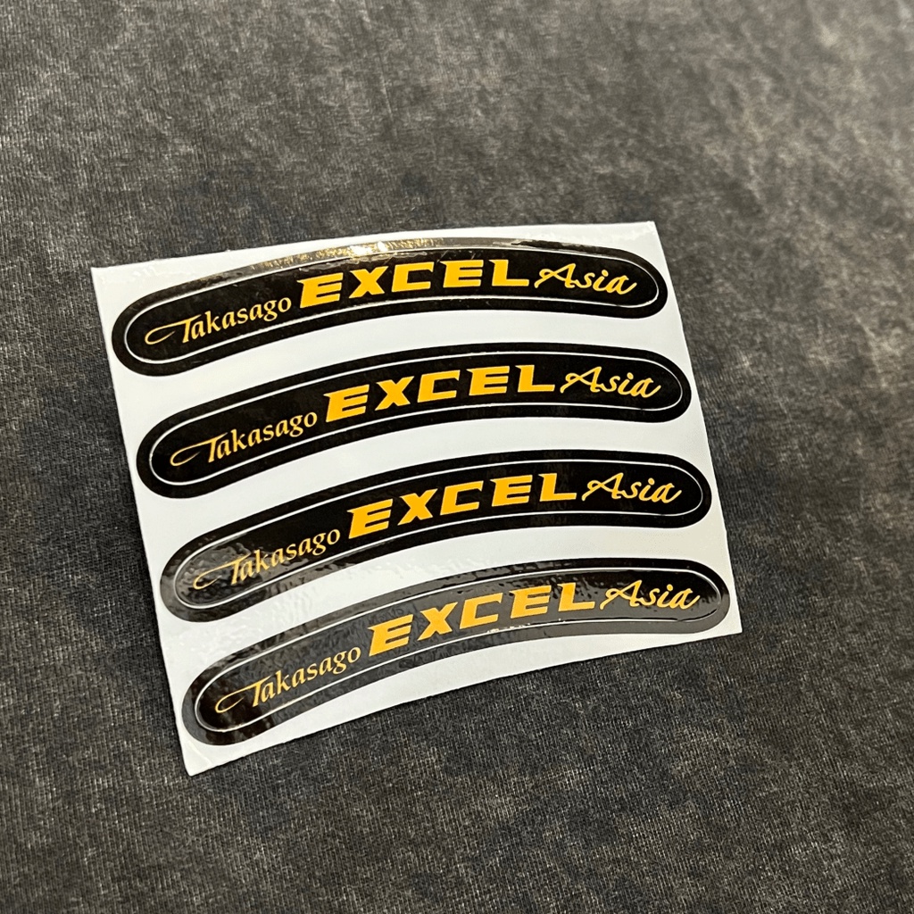 Tem excel ASIA,Rim dán vành niềng màu đen chữ TRẮNG bộ 4 tem có tem waring, chuẩn màu sắc kích thước