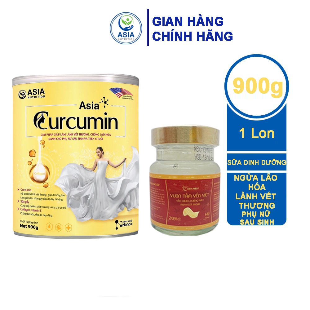 Combo sữa bột Curcumin chính hãng cao cấp ASIA NUTRITION 900g và 1 hũ yến 70ml tác dụng duy trì vóc dáng bảo vệ lan da